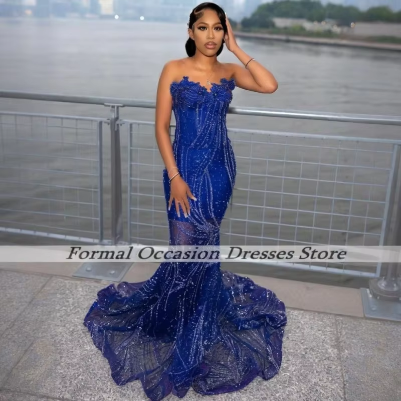 Luxury Blue Prom Dresses 2025 Sweetheart Sequin Beads Mermaid Party Gowns For Black Girls Maxi vestidos de graduación Customized