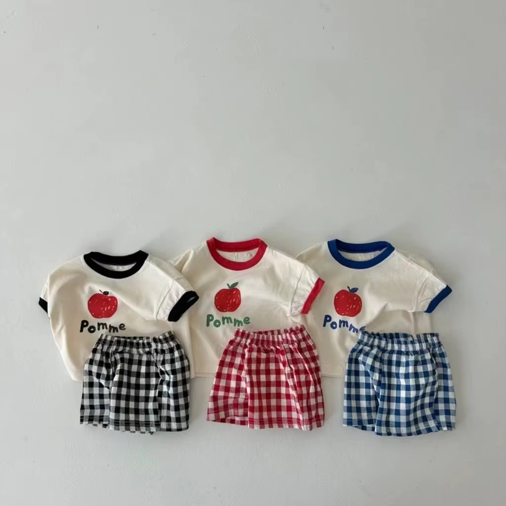 Summer New Baby Girl Short Sleeve Clothes Set Thin Cotton Infant Plaid Shorts 2pcs Suit Toddler Boy Fruit Print Casual Outfits