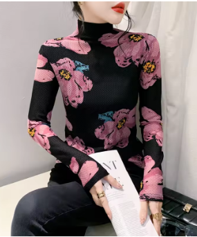 MadBlack European Clothes Tshirt Women Turtleneck Fashion Print Slim Mesh Tops Long Sleeve Workwear Tees Autumn Winter T30692JC