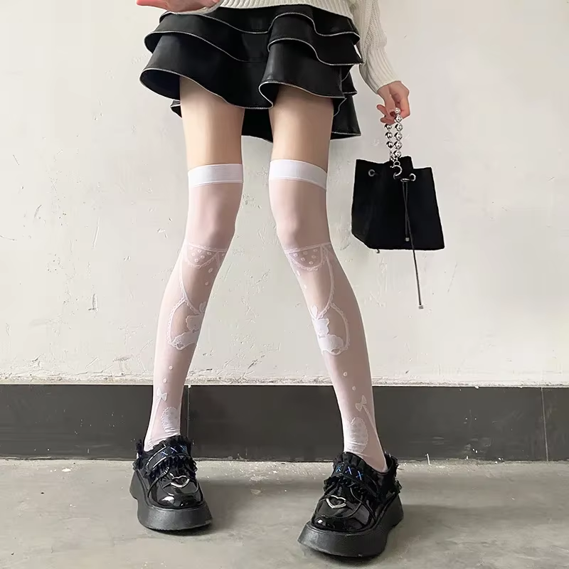 Women Love Bear Cartoon JK Lolita Thigh High Long Stockings Sexy Girls White Black Lolita Lace Party Knee Socks Lingerie Tight