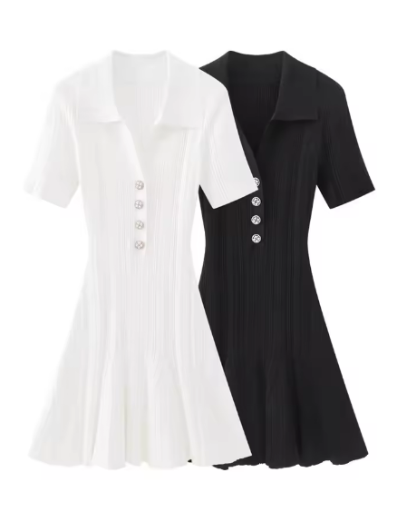 Summer New Women's Turn Down Collar Short Sleeve Knitted Mini Dress Slim Fit A-line Diamond Buttons White Short Dress C-050