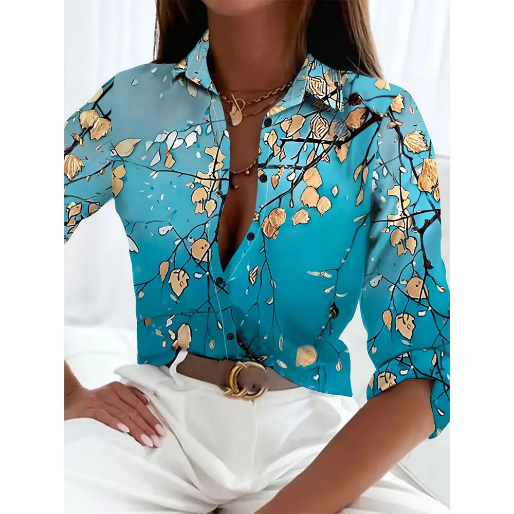 New Spring And Summer Women's Long-Sleeved Shirt Fashionable 3d Square Printed Single-Breasted Long Sleeve Button Basic Shirts