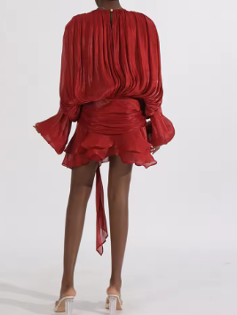 VGH Loos Spliced Lace Up Hollow Out Dresses For Women Round Neck Lantern Sleeve High Waist Minimalist Ruffles Short Dress Female