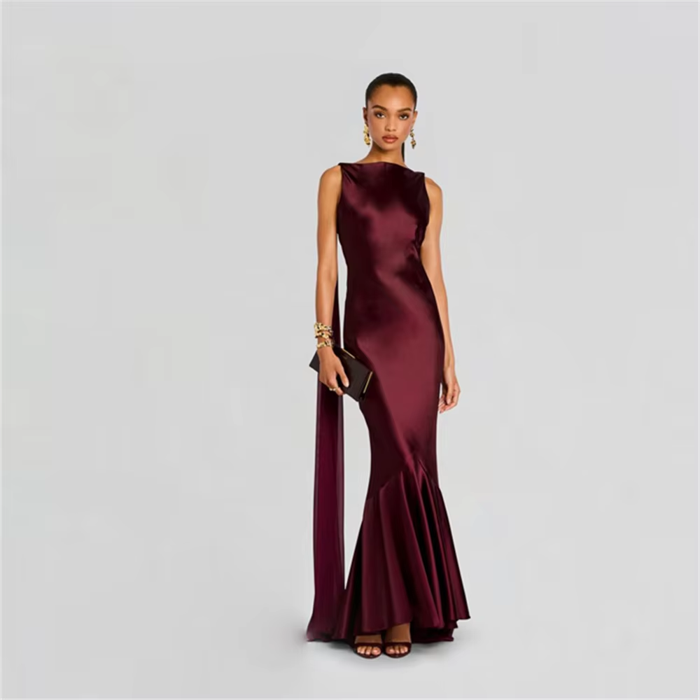 Evening Dresses Burgundy Wedding Party Dress Formal Prom Dresses Satin Open Back Sexy Ribbons Mermaid Ruffles Elegant Customized