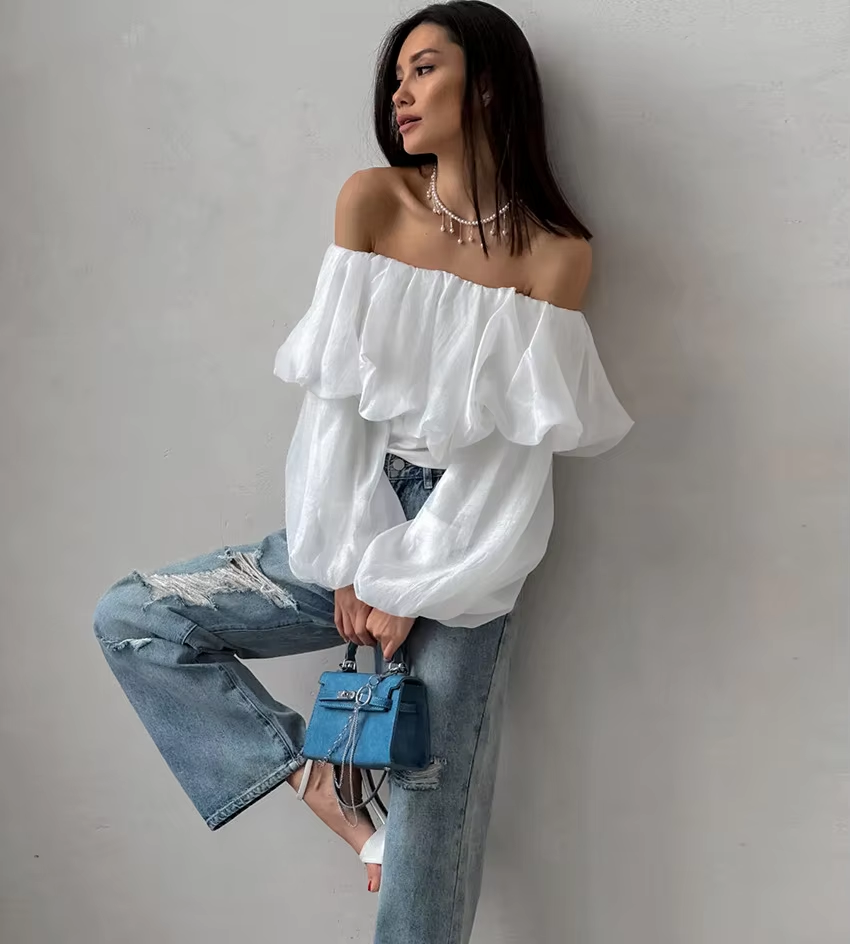 GetSpring Women Blouse 2024 Summer Slash Neck Off Shoulder Puff Sleeve White Shirt Fashion Loose Casual All Match Female Tops