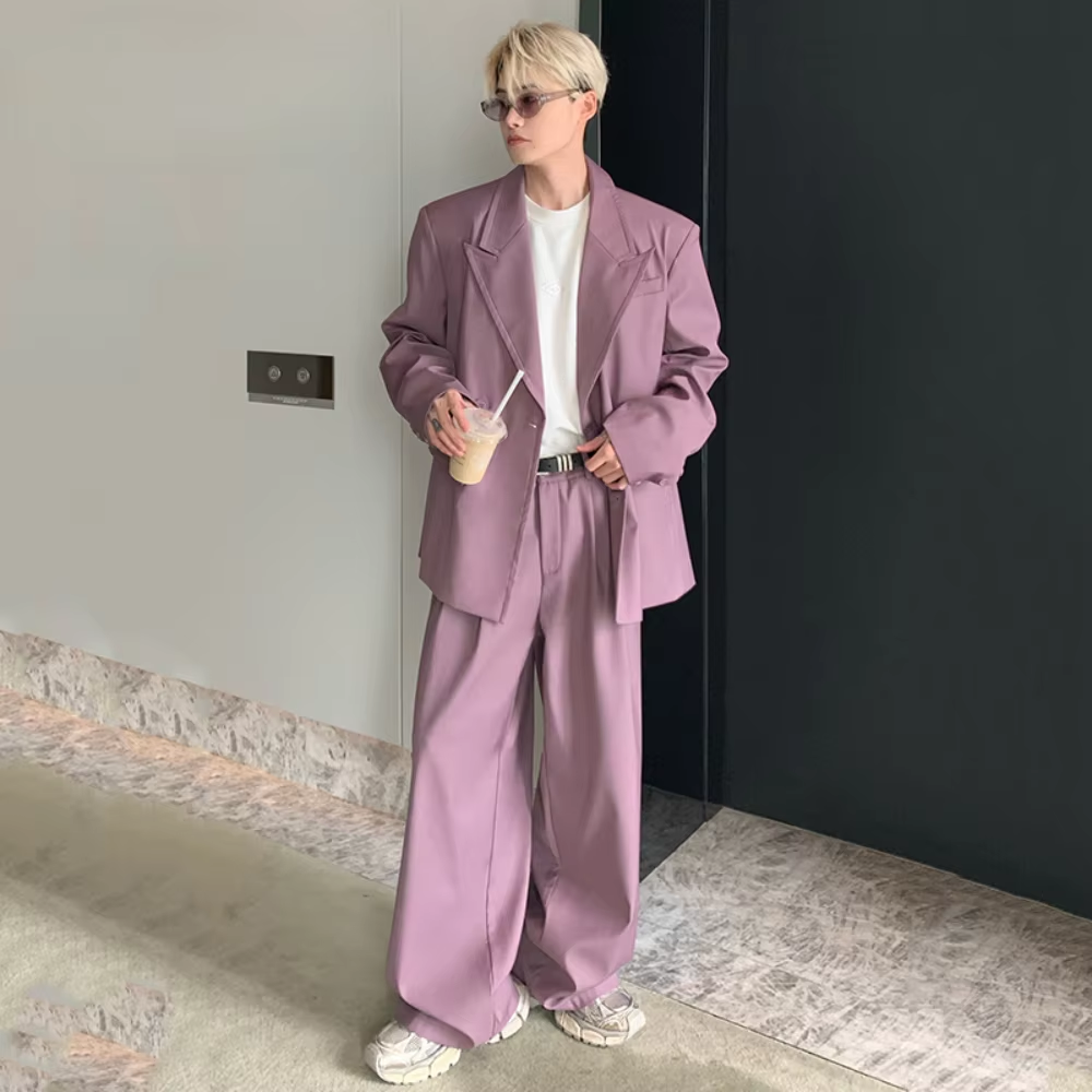 SILIWEYA Fashion Elegant Suits Men Two Piece Trend Set Niche Design Korean Shoulder Pad Coat Male Loose Wide Leg Pants