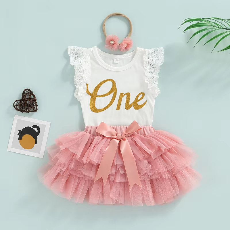 Blotona Baby Girls My First Birthday Outfits, Cute Sleeveless Floral Lace Romper + Tutu Skirt + Headband Set, 0-18Months