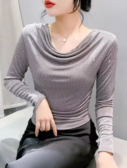 Stretchy Bling Tshirts Girls Long Sleeve Folds Collar Diamonds Tops Slim Women Autumn Tees T Shirts
