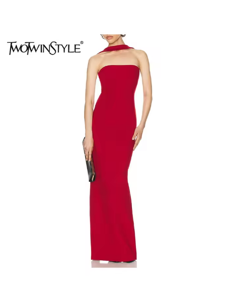 TWOTWINSTYLE Solid Slimming Dresses For Women Strapless Sleeveless High Waist Temperament Long Dress Female Fashion Style New