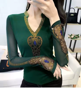 High Quality Autumn Fashion Women V-Neck Luxury Golden Hot Diamonds T-Shirt Sexy Long Sleeve Tops New Streetwear Girl Brand Tees