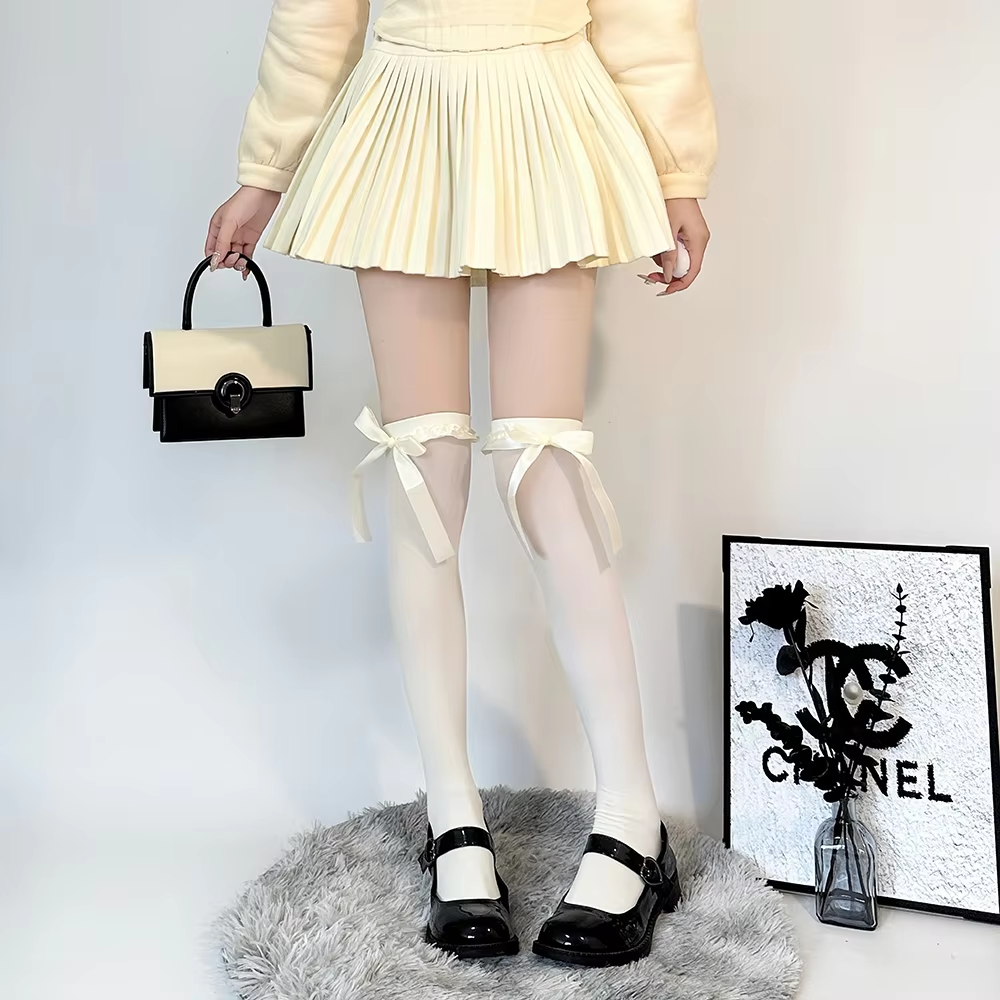 Women's Delicate Bow Velvet Thigh High Stockings Spring Summer Soft Lolita Lace-trimmed Bow Ribbon Jk Thin Over-the-knee Socks