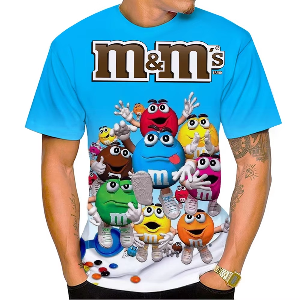 New M&mChocolate Beans 3D Printed T-shirt Fashion Casual Round Neck Pullover Men and Women Cute and Funny Short-sleeved T-shirt