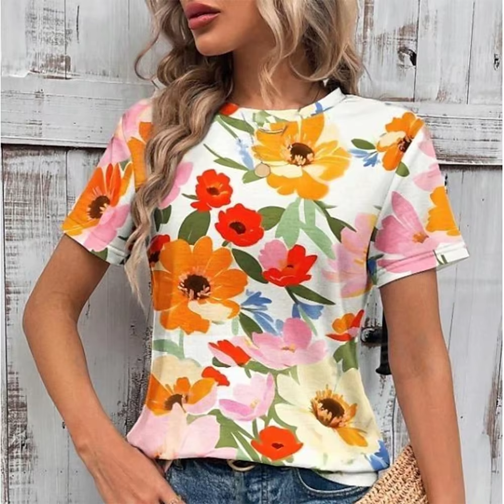 New Women's Casual Loose Short Sleeve T-Shirt 3d Flower Printed Summer Tops Elegant Crew Neck T-Shirt Harajuku Women Tees Tops