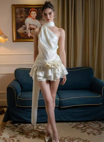 Fantoye Satin Sexy Backless 3D Flowers Women Dress White Halter A-line Dress Female Spring Slim Elegant Party Clubwear Vestidos