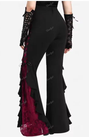 ROSEGAL Plus Size Gothic Lace Panel Lace-up Ruffle Flare Pant Women Streetwear Elastic Waist Pull On Pant Colorblock Bell Bottom