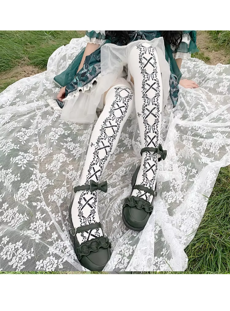 Lolita Socks JK Girl Cross Tie Bow Knee Socks Cosplay JK Stockings Over The Knee Socks Cute Cotton Thigh Socks High Lolita Socks