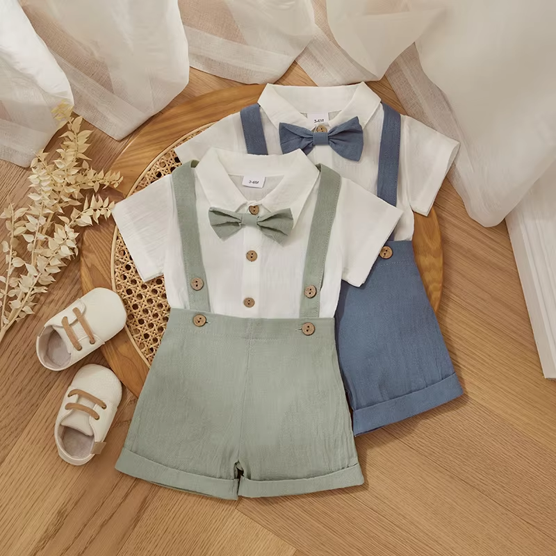 Fashion Summer Baby Boy Clothes Toddler Gentleman Outfits Short Sleeves Romper with Bow Tie Overalls Shorts Set for Formal Wear
