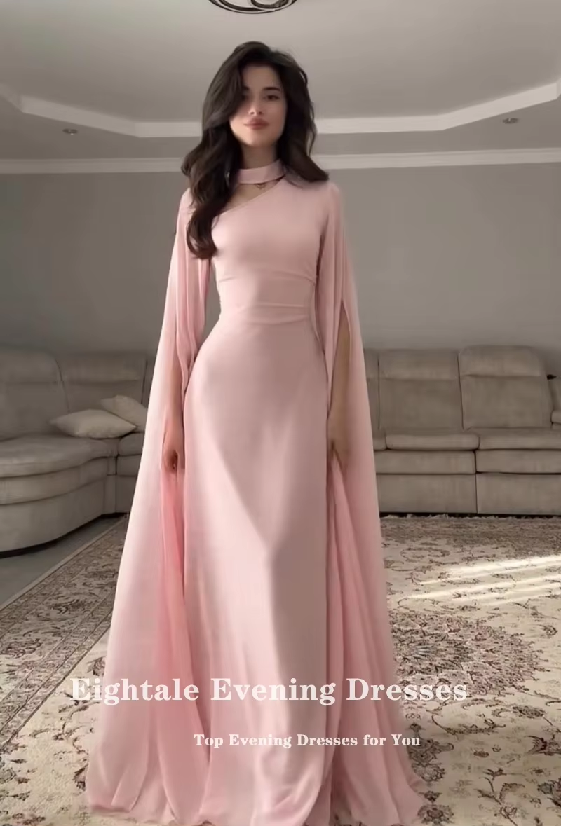 Eightale Arabic Evening Dress Pink Chiffon Mermaid High Neck Pleats Long Sleeves Customized Prom Wedding Gown Party Dress