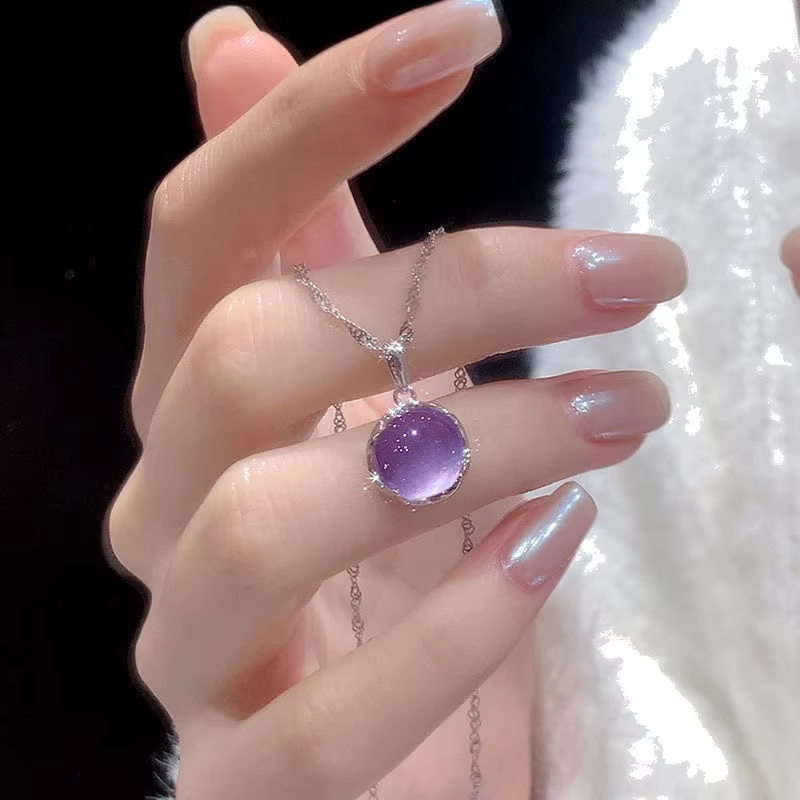 Elegant Simple Design Purple Round Crystal Pendant Necklace For Women Shiny Crystal Fashion Party Jewelry