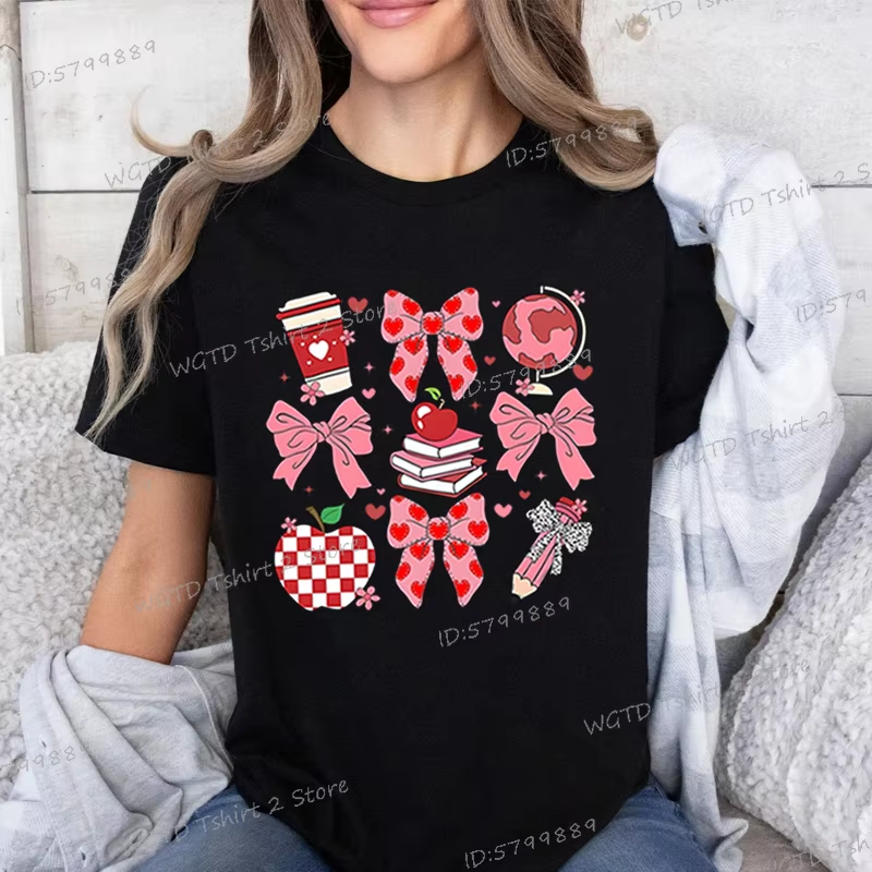 Teacher's Day Graphic Print T-Shirt Teacher Gifts Pink Bows Coquette Crewneck Clothing Back To School Shirt Cute Teacher Tees