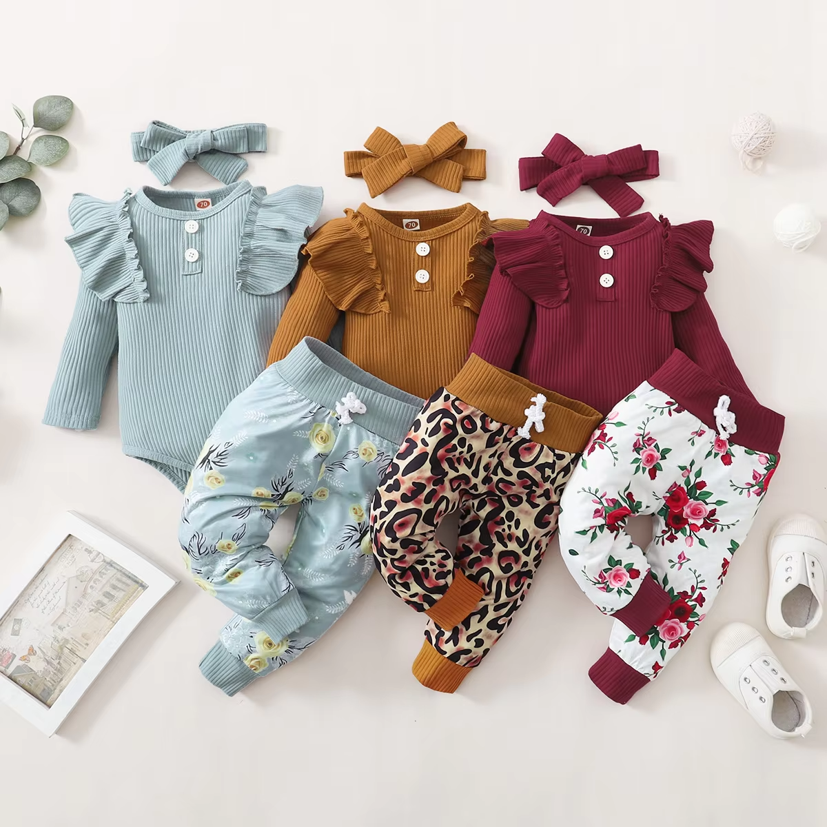 3Pcs Newborn Girl Clothes Set 3 Months Baby Girl Clothes Toddler Girl Outfits Baby Bodysuit + Bow Pants Infant Kids Clothing
