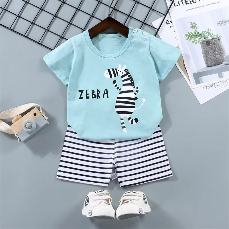 Kid Boy Summer Short Sleeves Tees+Stripe Shorts 2-piece Clothes Set Cartoon Zebra Print Soft Cotton Sports Casual Suit 1-6 Years
