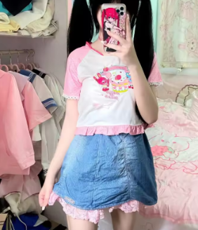 Sweet Crop Top Grunge Cartoon Print Lolita T-shirt Women Y2k Aesthetic Ruffle Harajuku Contrast Color Tee Vintage Fairy Japanese