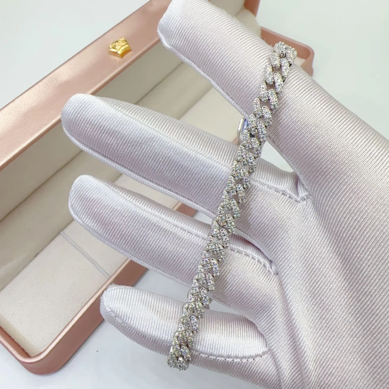 6/8mm New Hip Hop Jewelry Men's Moissanite Bracelet Chain Unisex Full Moissanite Cuban Chain 925 Silver Plated 18K Gold With GRA