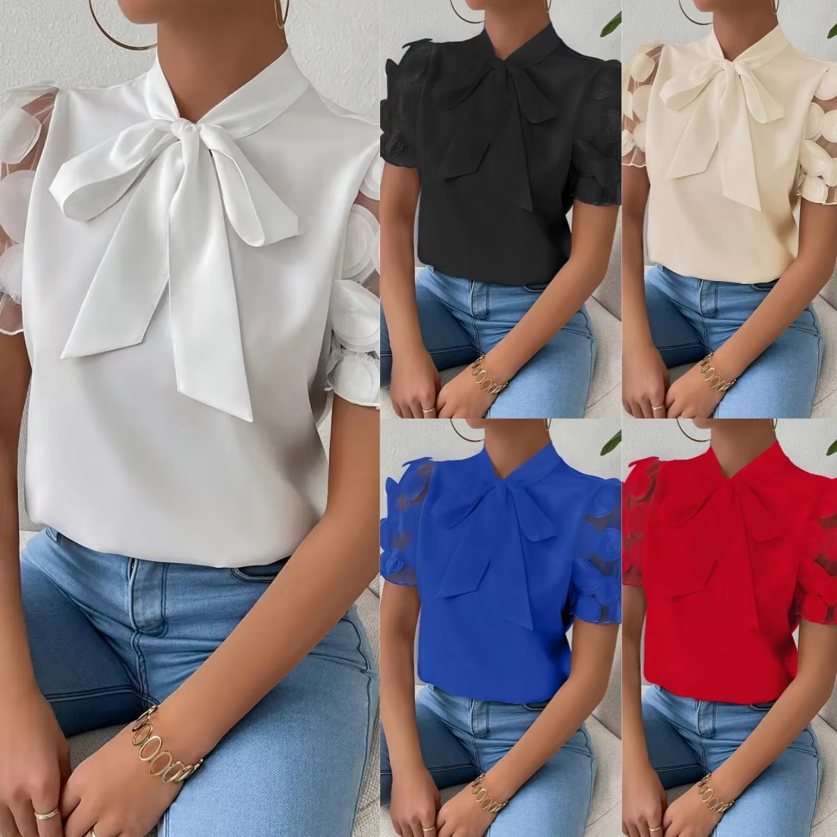 Women Shirt With Tied Bow Neckline Solid Blouse Elegant Mesh Jacquard Women's Shirts White Office Short Sleeve Top Femme