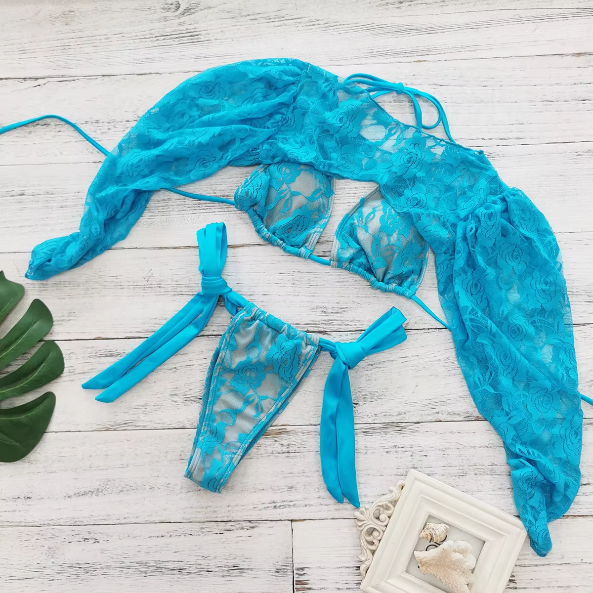 Lace Patchwork Bikinis Micro Thong Swimwear with Long Sleeve Cover Up Side Bandage Beach Bathing Suit Halter String Swimsuits