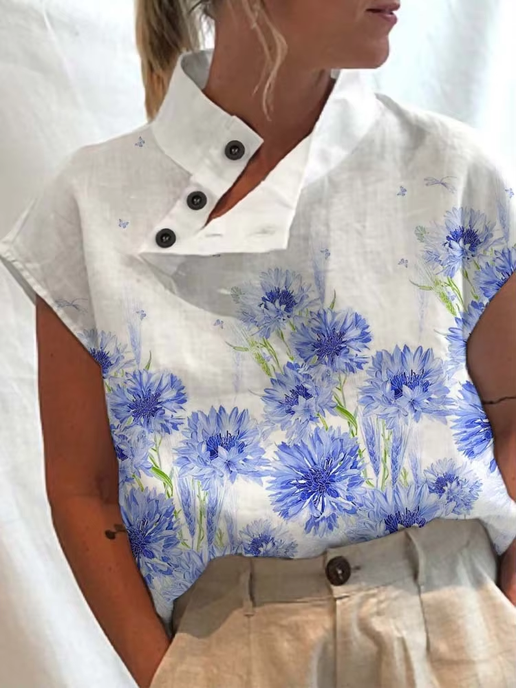 Leisure Summer Blouse Women Tops Vintage Floral Print Short Sleeve White Blouses Casual Buttons Slit Stand Neck Top Blusas
