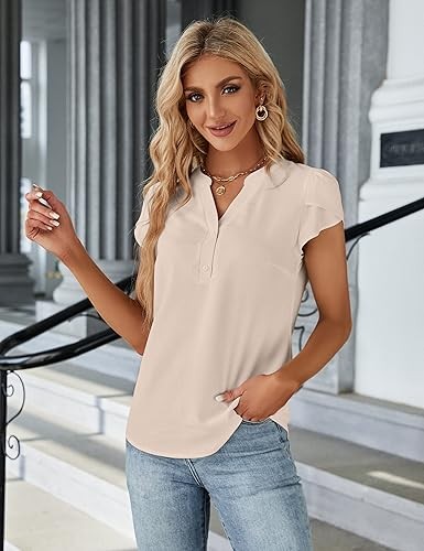 Blooming Jelly Women's Dressy Casual Tops Business Work Blouses White Button Down Shirts Cap Sleeve V Neck Tshirt