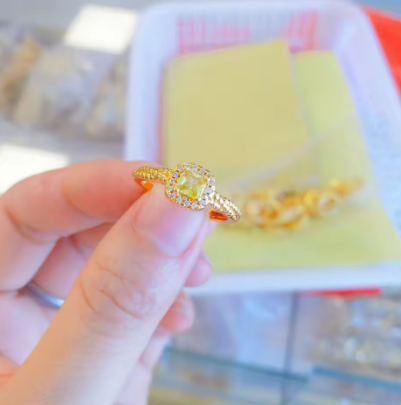 24K real gold square sugar citrine ring 9999 simple fashion ladies open ring hand ring jewelry