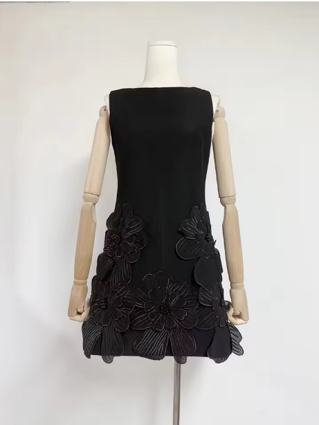 TWOTWINSTYLE Solid Spliced Appliques Slimming Mini Dresses For Women O Neck Sleeveless High Waist Temperament Dress Female New