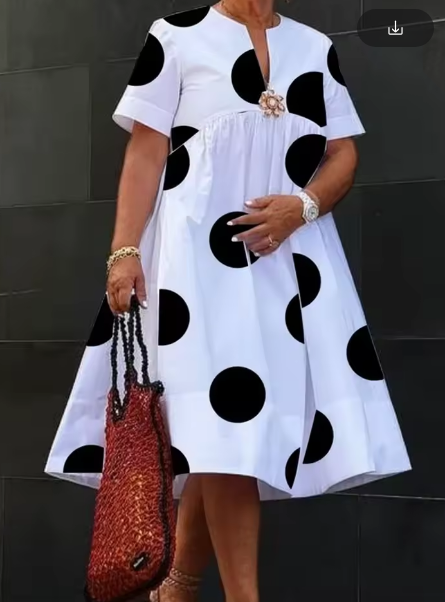 Modigirl Women Midi Shirts Dress 2025 Summer Short Sleeves Black and White Polka Dot Daily Casual Simple Female A-line Dresses