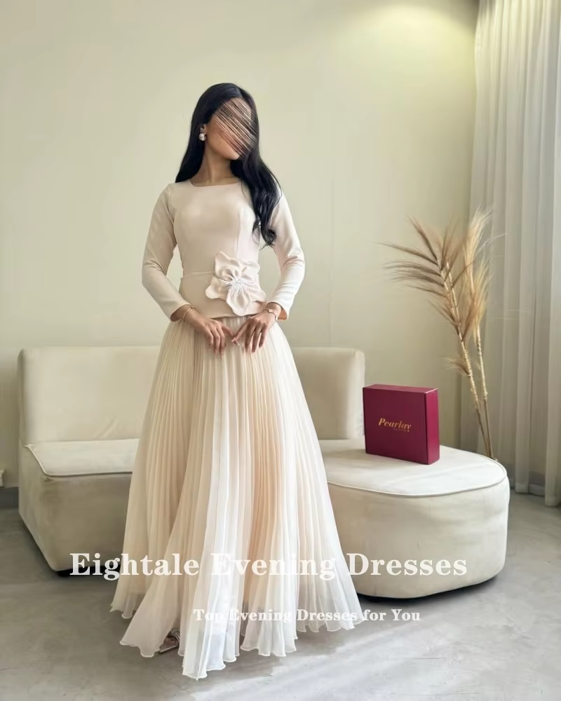 Eightale Arabic Evening Dress O-Neck Custsomized Long Sleeves Flower Pleats Wedding Party Gowns Floor Length Vestidos De Fiesta