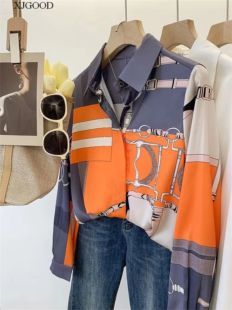 ZAROY S-3XL Imitation Silk Shirts Women Orange Grey Luxury Print Fashion Blouses Lady Top Luxury Brand Design Shirt camisas