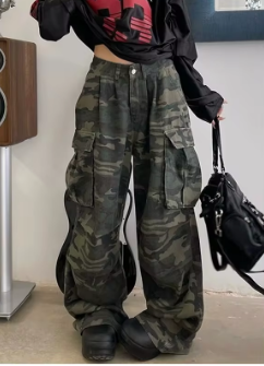 Military Green Womens Jeans High Waist Vintage Straight Baggy Y2K Denim Pants Hip Hop American Fashion Wide Leg Denim Trouser