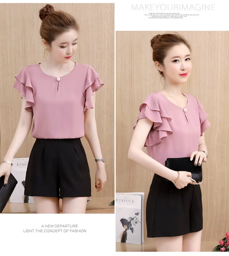 Summer Short Sleeve Blouse Shirt Women Tops Blusas Mujer De Moda 2024 Blouse Women O-Neck Chiffon Blouse Tops Women Shirts D198