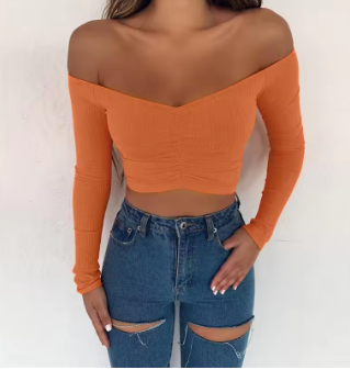 Off Shoulder Crop Top Women Summer Long Sleeve T Shirt V Neck tshirt Elegant Party Club Tee Shirt Femme Dames Streetwear