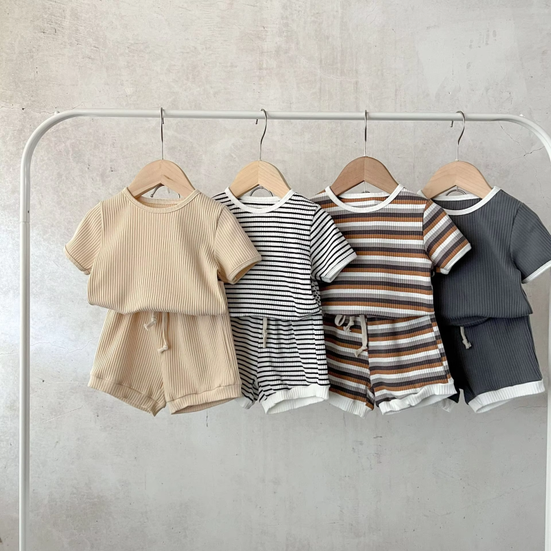 Korean Version Summer Kids Baby Girls Boys Short Sleeve Striped Top Tees +shorts Pants Infant Cute Pure Cotton Clothing Set