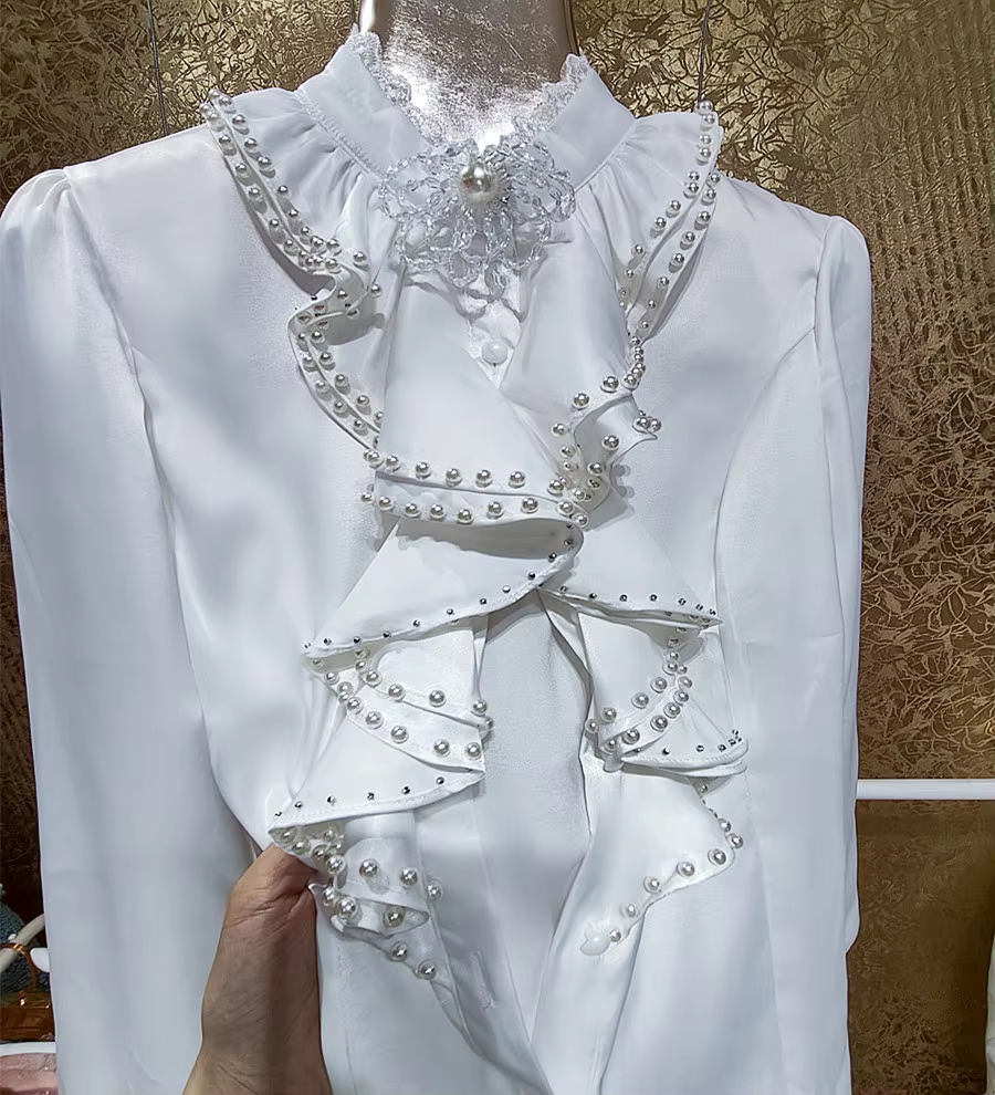Camisas De Mujer Women Beaded Ruffles Shirts and Blouses For Women 2024 Spring Long Sleeve Single Breasted White Tops Blusas