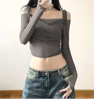 ALLNeon Fairy Core Solid Slash Neck Crop Tops Sexy Off Shoulder Straps Long Sleeve T-Shirts Slim Mesh Tees Y2K Streetwear Women