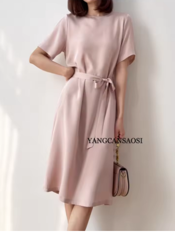 2024 Summer New 26MM 93%Natural Mulberry Silk Elastic Heavy Wrinkle Round Neck Short Sleeve Straight Mid Length Women's Dress