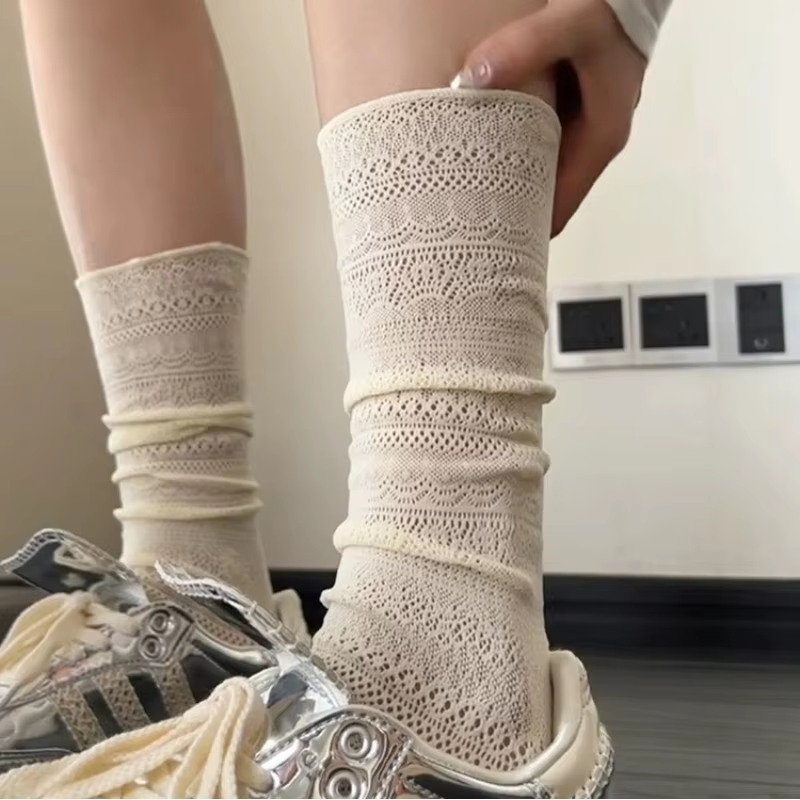 Women Summer Thin Solid Color Hollow Pile Socks JK Lolita Hollow Out Lace Calf Socks Ladies Retro Crew Socks